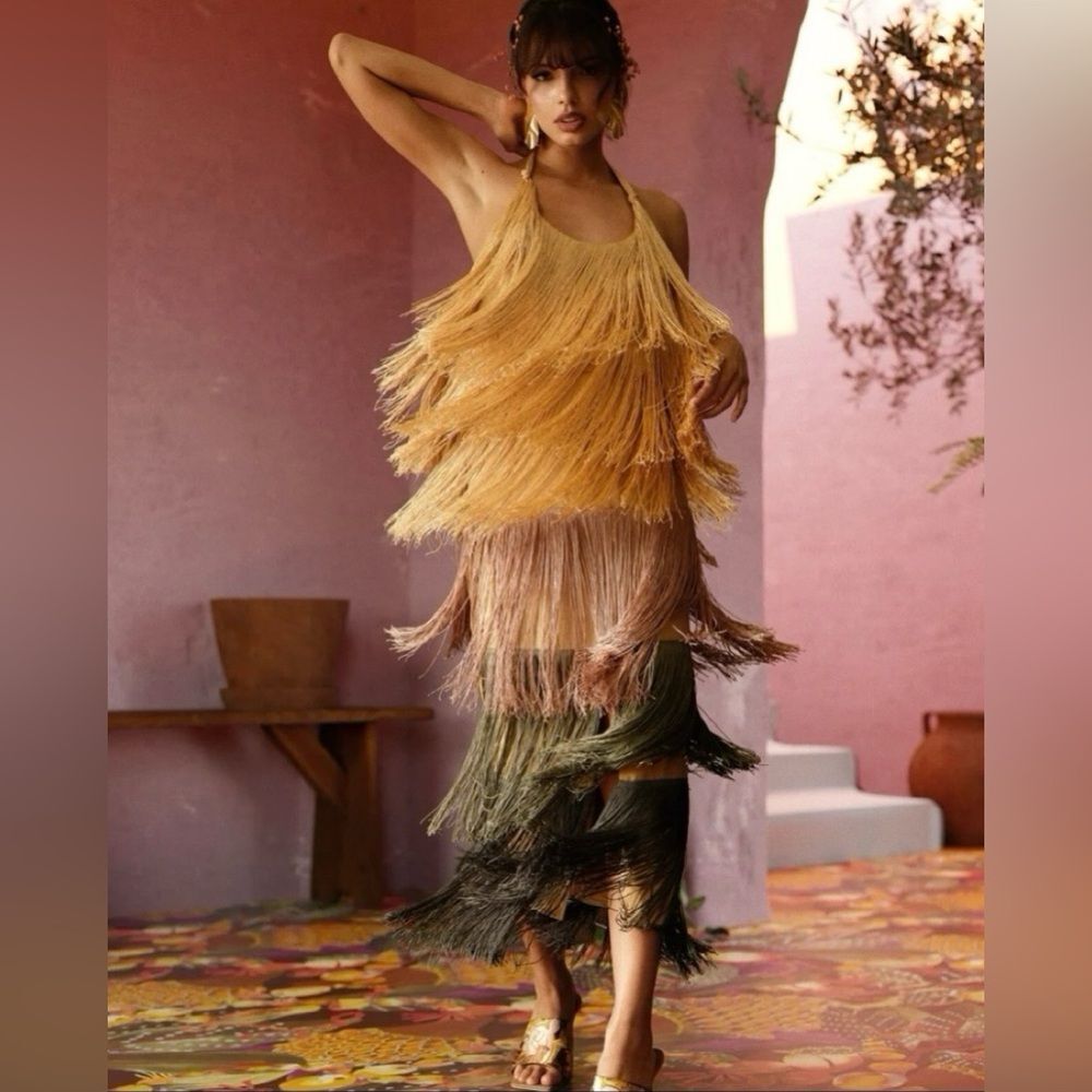 Andrea Iyamah Neme Multicolor Layered Fringe Midi Dress Mermaidcore Glam Medium